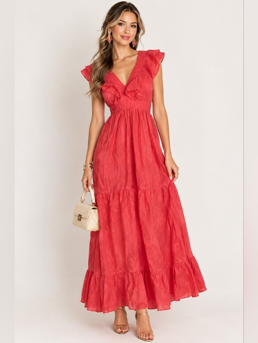 Jopna Red Ruffle Maxi Dress Tie Back Open Back Sleeveless Boho Size Small